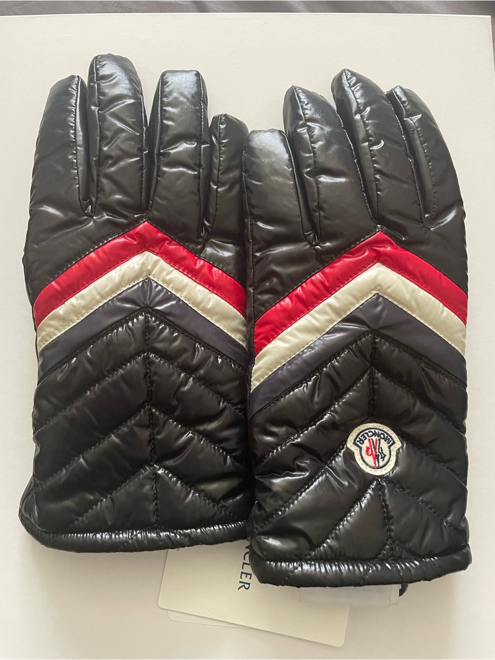 Moncler Black Quilted Gloves with Red, White and Blue Chevron Accents